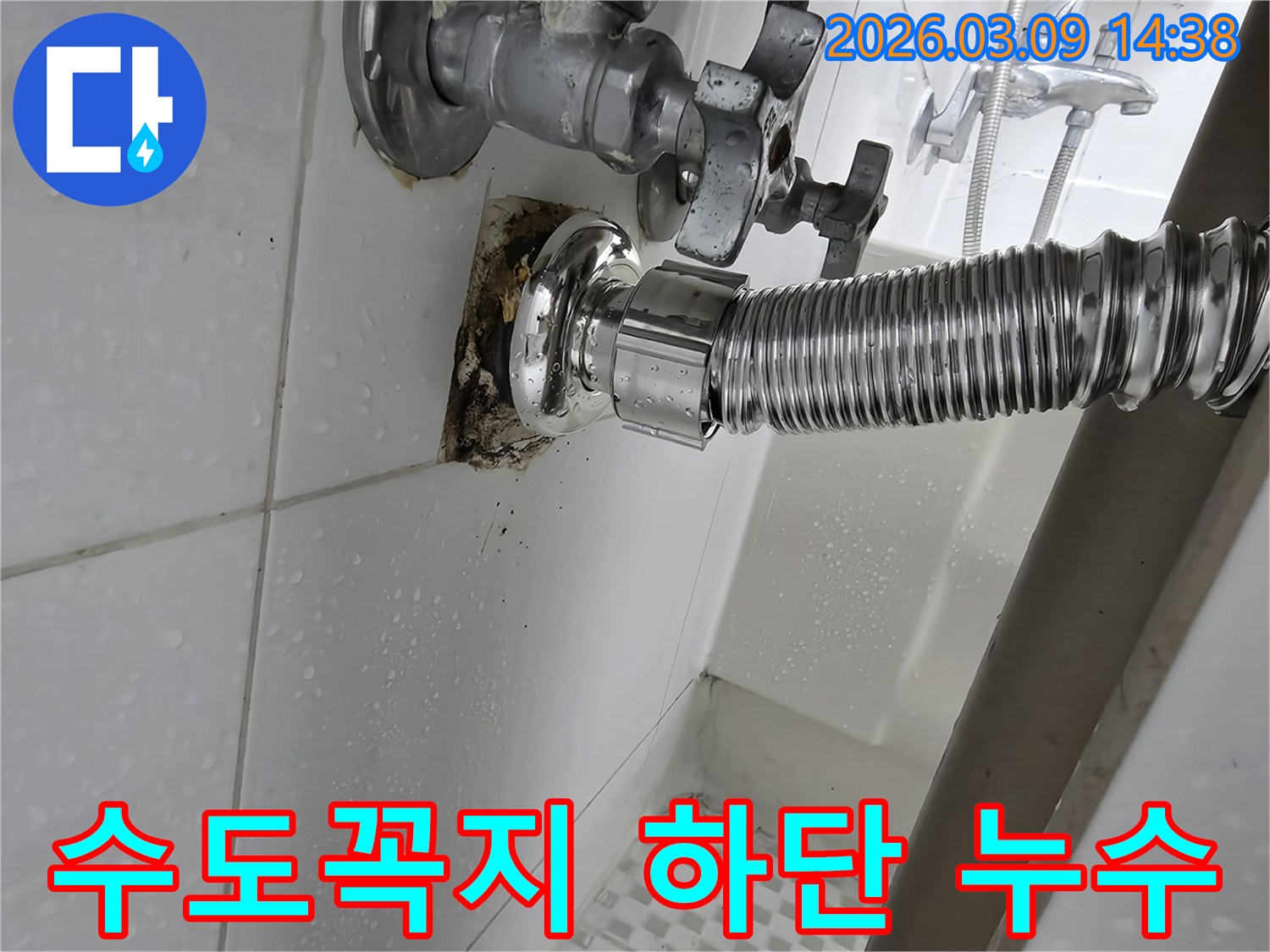 욕실-벽면의-수도꼭지-하단-배관에서-누수가-발생하여-주변이-젖고-오염된-모습입니다