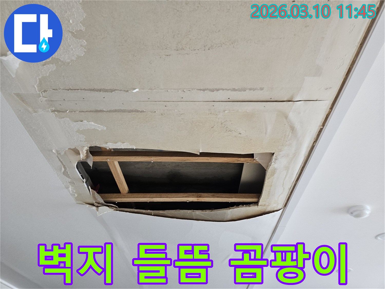 물이 새어-천장 벽지가 젖고-부풀어 오른 상태에서-내부 구조가 드러난-누수 현장입니다.
