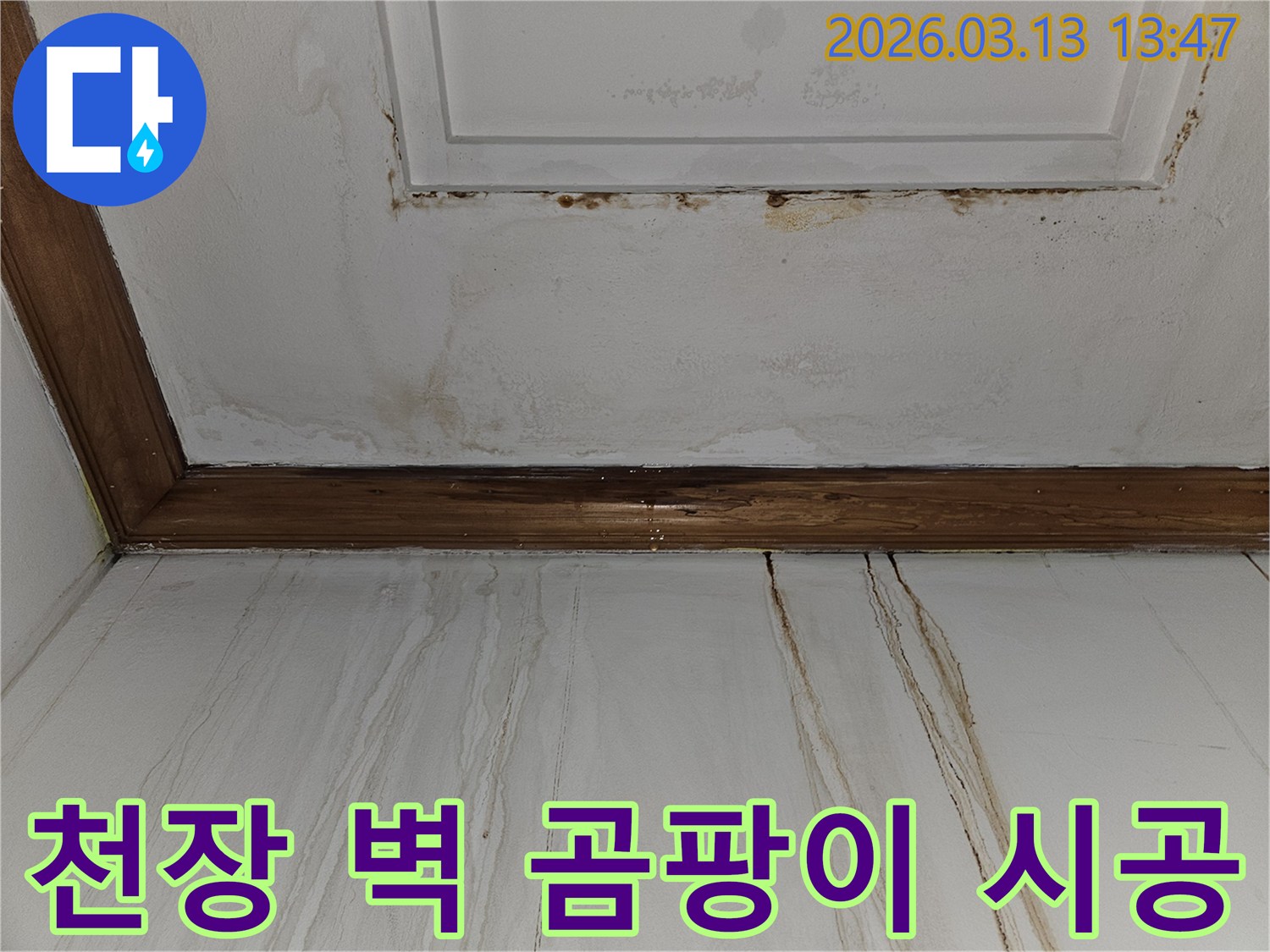 천장과 벽면에 발생한-심각한 곰팡이와 물 얼룩을 보여주는-누수 피해 현장 복원 전 모습