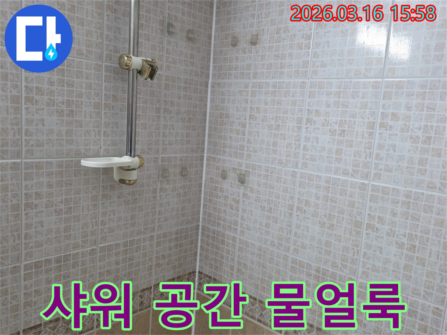 욕실 천장 타일에 물이 새어 생긴 얼룩과-샤워 공간의 연관성을 누수 전문가가 진단하는 모습
