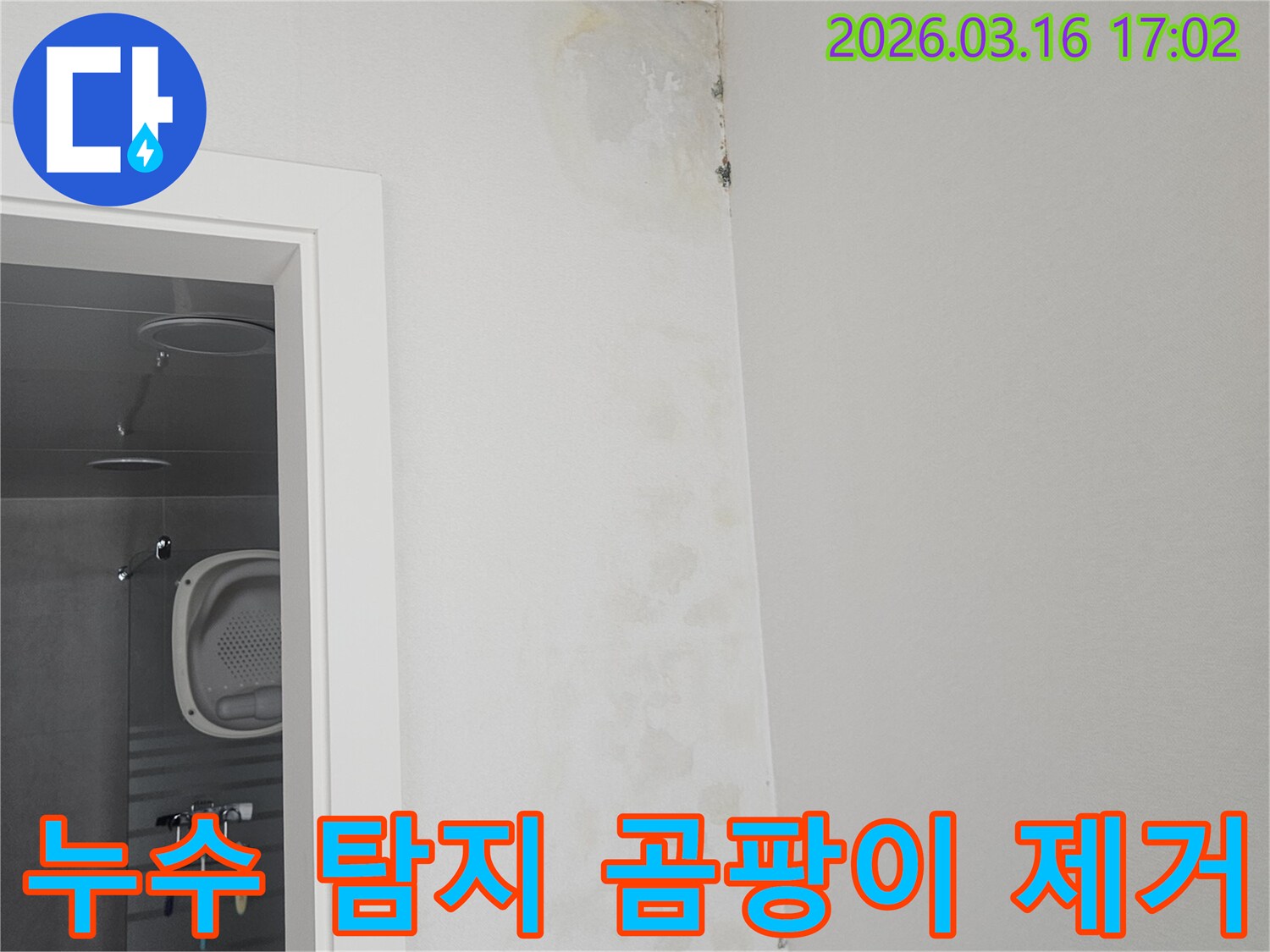누수 탐지 전-욕실 천장 모서리에 곰팡이와 물자국이 심하게 생긴 현장 사진입니다