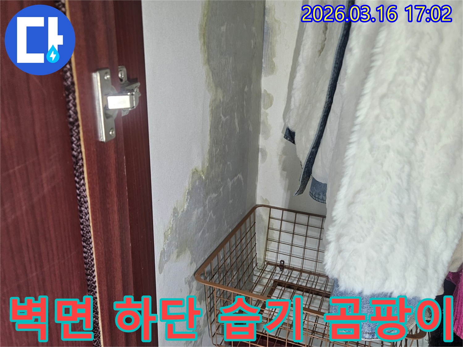 습기로 인해- 벽면 하단에- 얼룩과 곰팡이가 생긴- 누수 현장 이미지