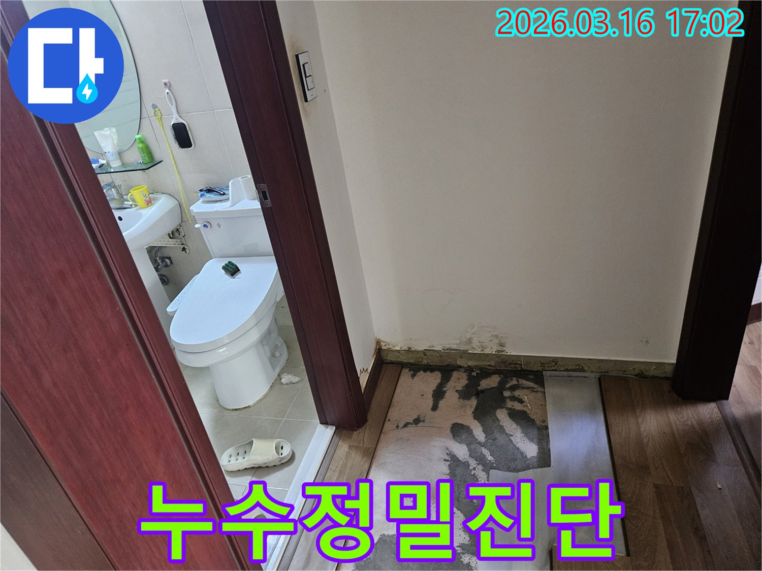 화성 병점 지역-아파트 욕실 누수-현장에서-발견된-바닥 손상과-벽면 곰팡이의-모습