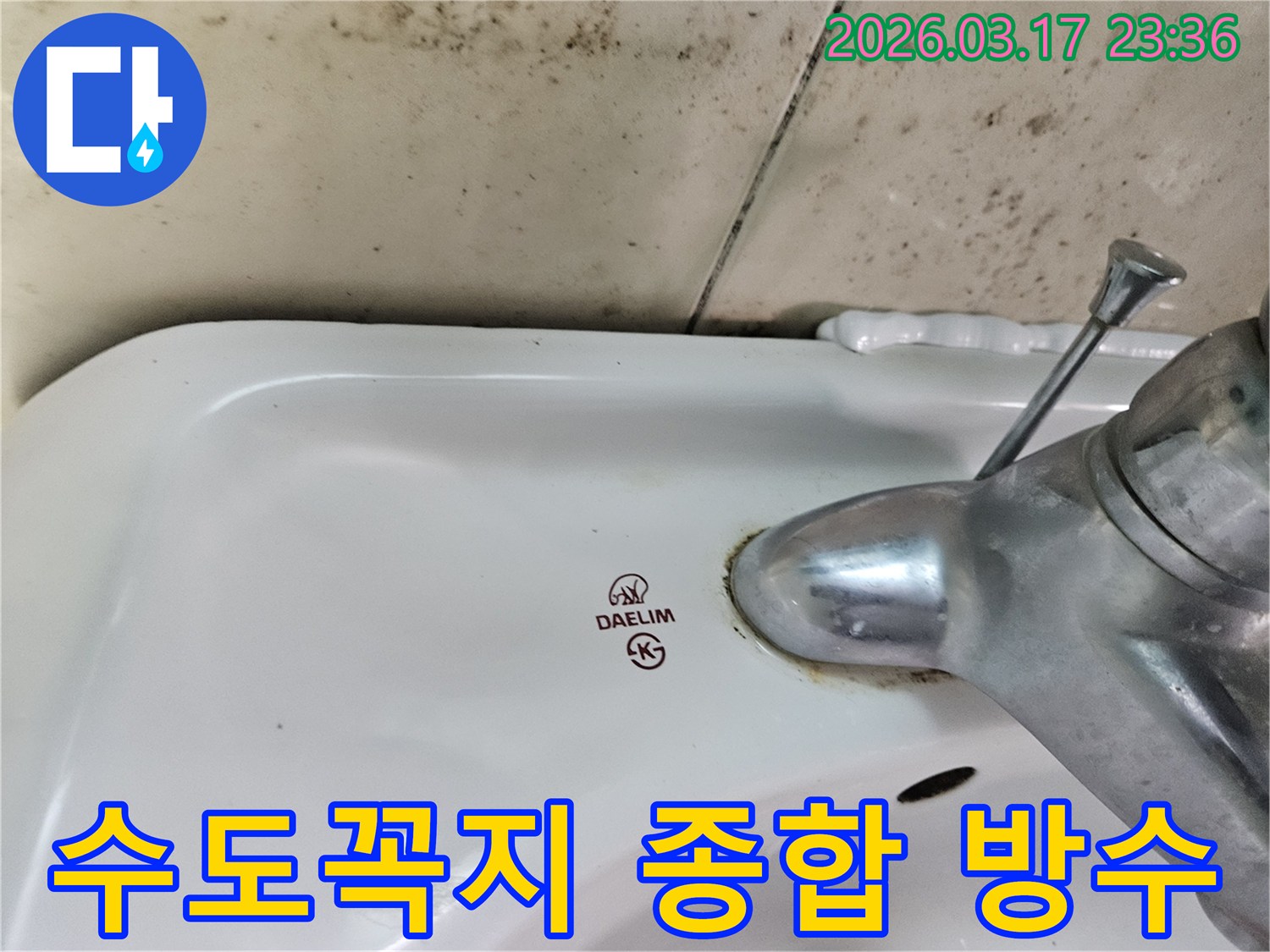 대림 세면대 수도꼭지 주변에- 녹슬고 물때 낀 모습과- 벽면의 곰팡이가- 종합 방수 솔루션의- 필요성을 보여줍니다