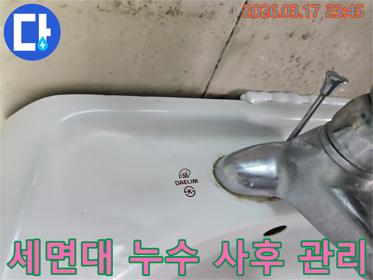 대림 세면대 수도꼭지 주변의 물때와-벽면에 넓게 번진 검은 곰팡이가-누수 수리 후 꼼꼼한 사후 관리가 필요한 현장을 보여줍니다.