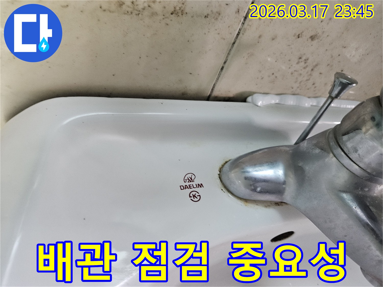 대림 세면대 수도꼭지 주변의 물때와-벽면에 넓게 번진 검은 곰팡이가-누수로 인한 욕실 배관 점검의 중요성을 보여줍니다.