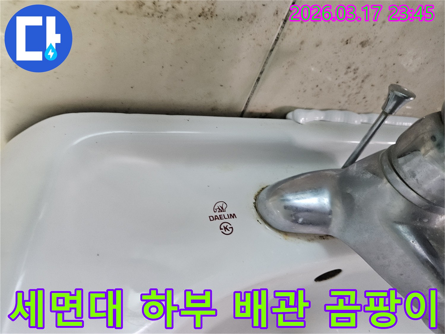 대림 세면대 수도꼭지 주변의 물때와-벽면에 넓게 퍼진 곰팡이가-세면대 하부 배관 누수를 암시하는 사진입니다.