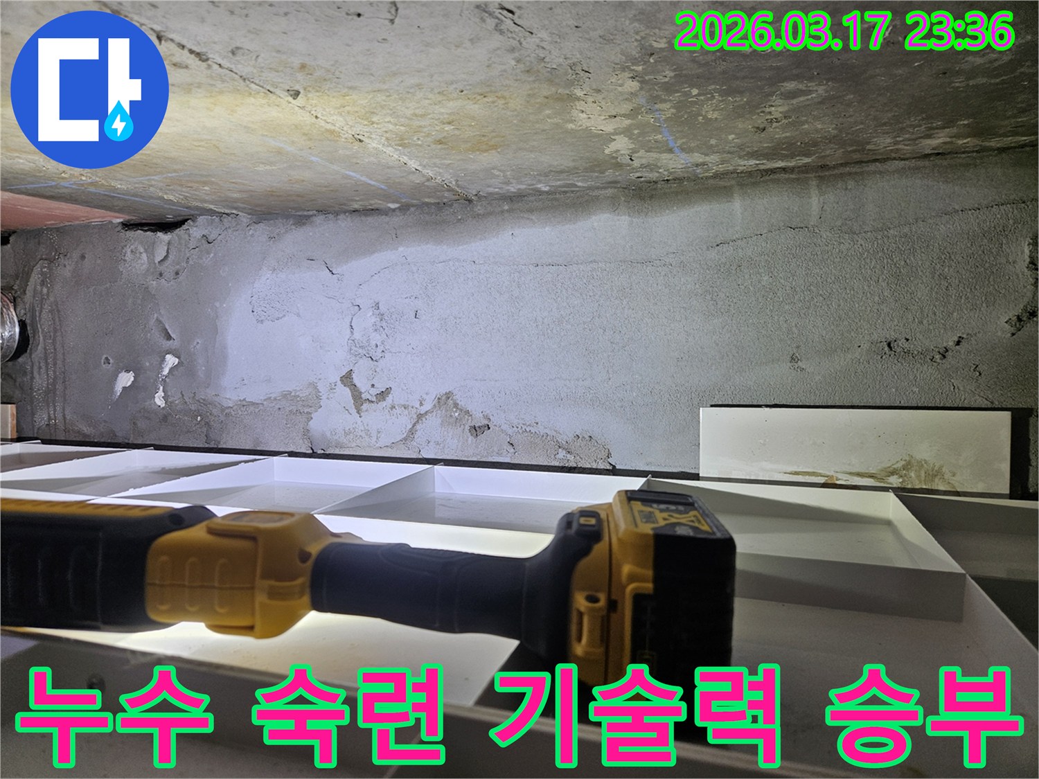 숙련된 누수 전문 엔지니어가-오랜 노하우와 기술력을 바탕으로-천장 누수 문제를-정확하게 진단하고 있습니다.