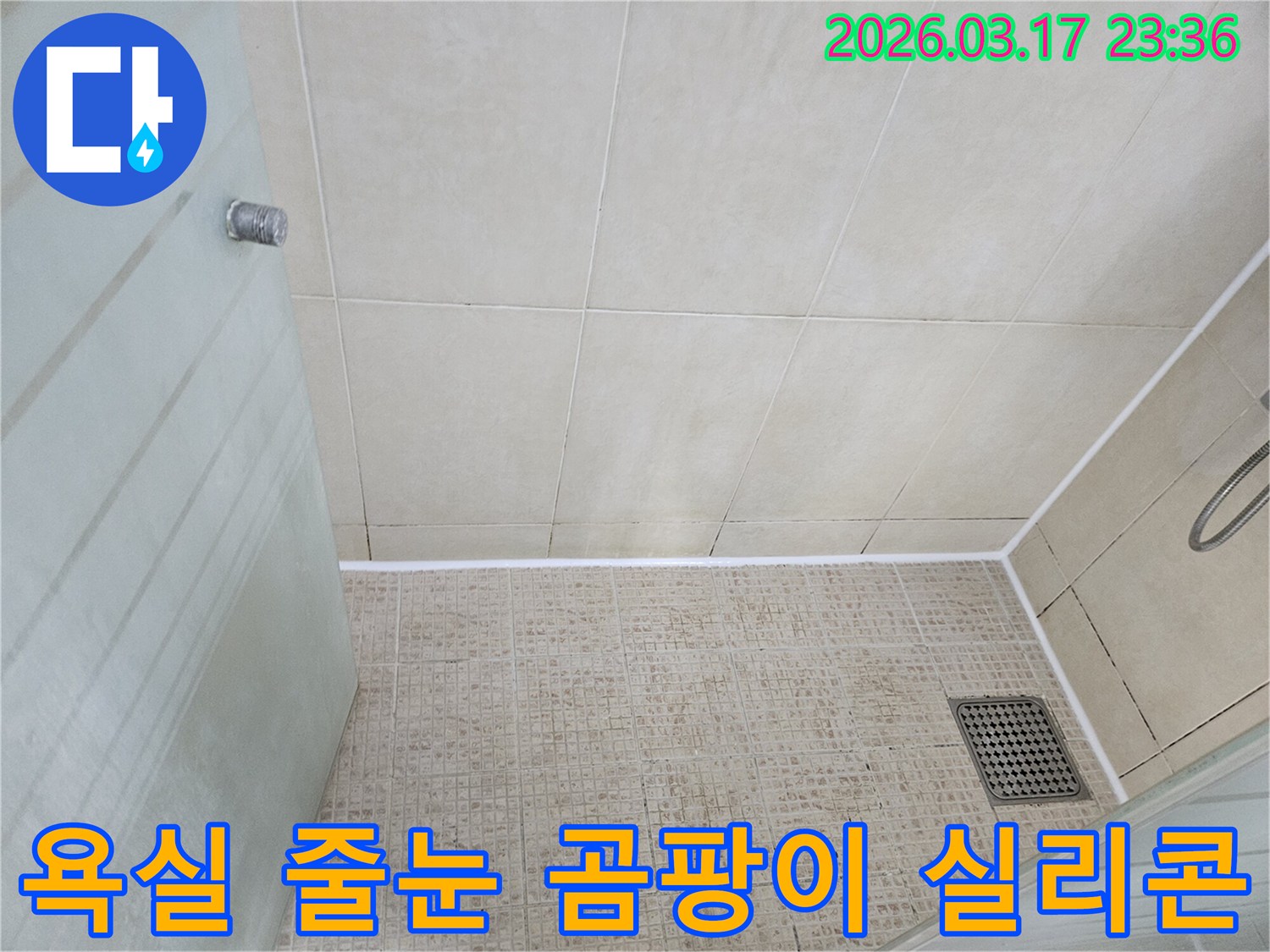욕실 바닥 타일의-줄눈에 생긴 곰팡이를 제거하고-새로운 방수 실리콘으로-마감하여-깨끗해진 모습입니다.