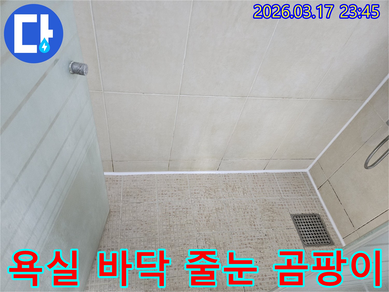 욕실 벽면과 바닥 타일의 이음새-줄눈에 발생한 검은 곰팡이와-오염 상태를 자세히 보여주는 사진입니다