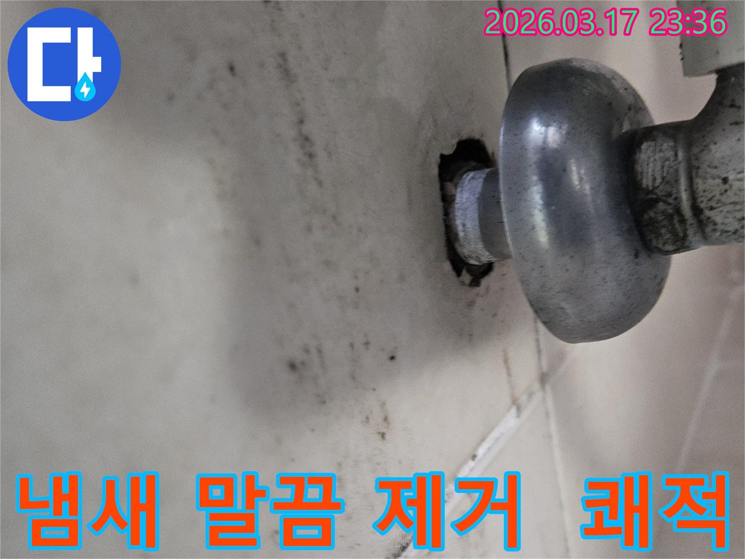 천장-배관에서-발생한-누수로-인해-오염된-벽면과-불쾌한-냄새까지-말끔히-제거해야-하는-배관-모습