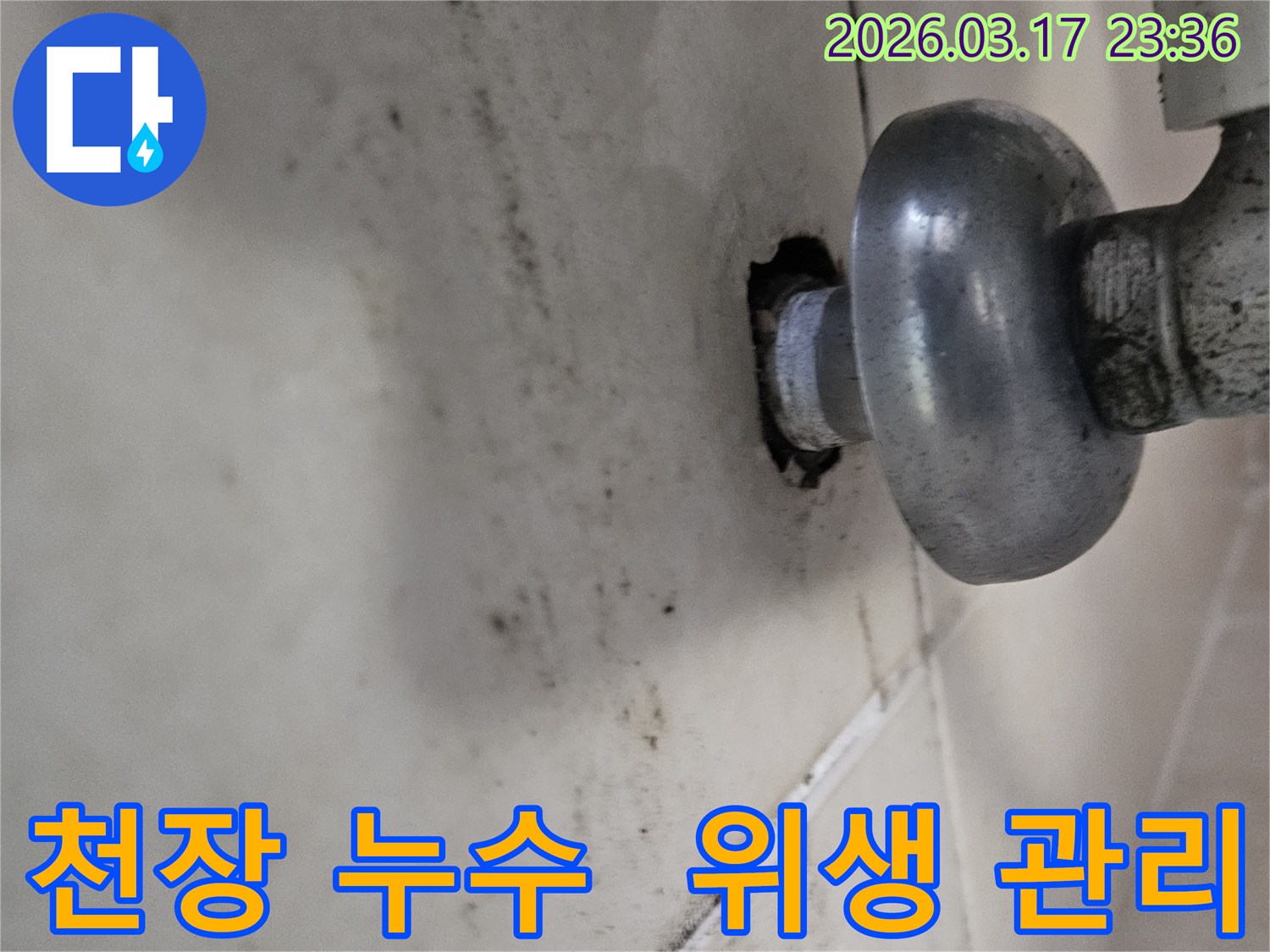 천장-배관에서-발생한-누수로-인해-오염된-벽면과-위생-관리까지-신경-쓰는-시공이-필요한-배관-모습