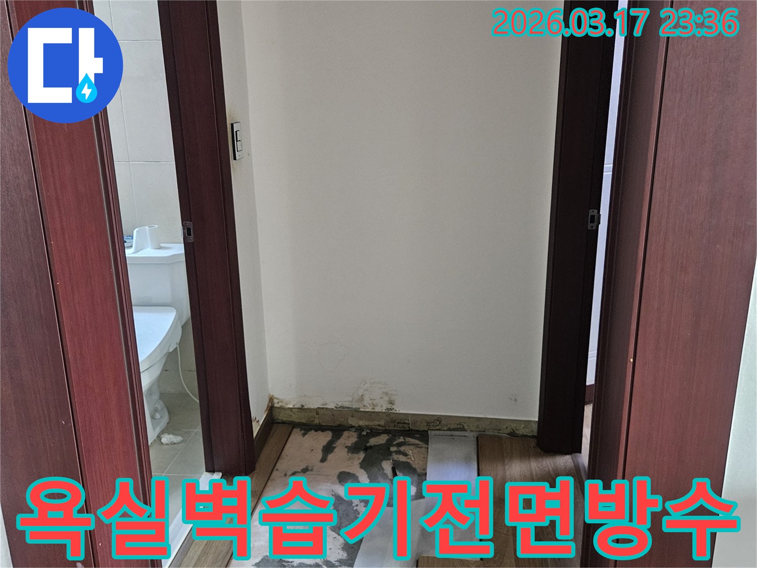 화성시 누수 현장에서-욕실 벽면 습기와 곰팡이를 제거하고-방수층을 전면 재시공하기 위해-벽을 개방한 모습입니다.