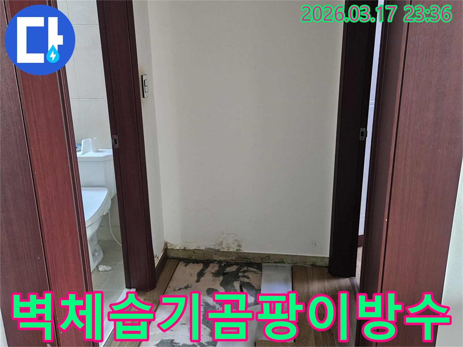 화성시 병점동 빌라 누수 현장에서-벽체 내부 습기와 곰팡이를 제거하고-방수층을 재시공하기 위해-벽을 개방한 모습입니다.