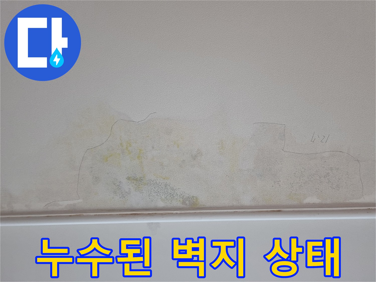 물샘으로 인해 노랗게 얼룩진 아파트 거실 벽면의 모습