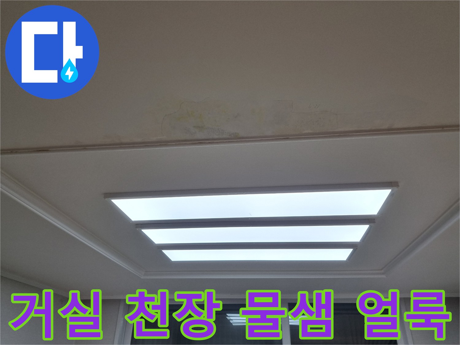 분당 아파트 거실 전등 주변에 발생한 천장 변색 및 누수 흔적 상태