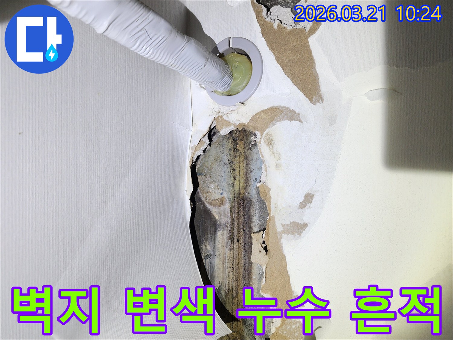 누수로-인해-벽지가-변색되고-손상된-벽면에-누수-탐지-장비가-삽입되어-있는-모습