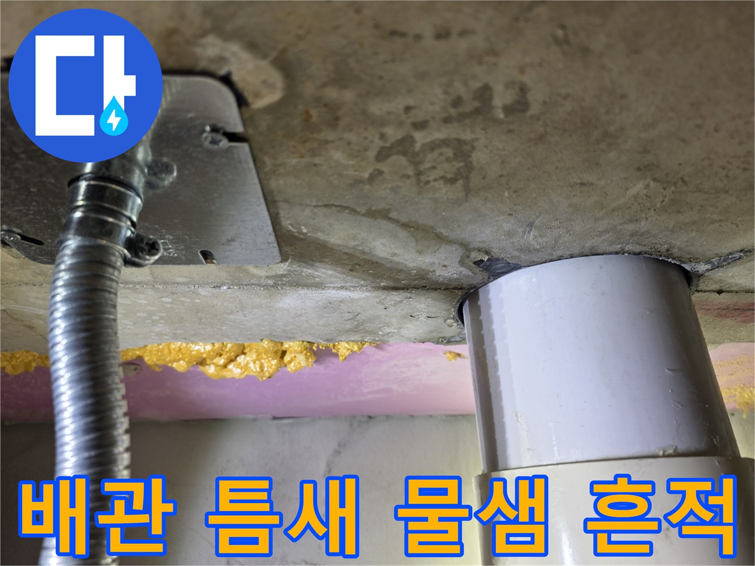 천장 슬래브와-하수관 사이의-젖은 부위입니다.