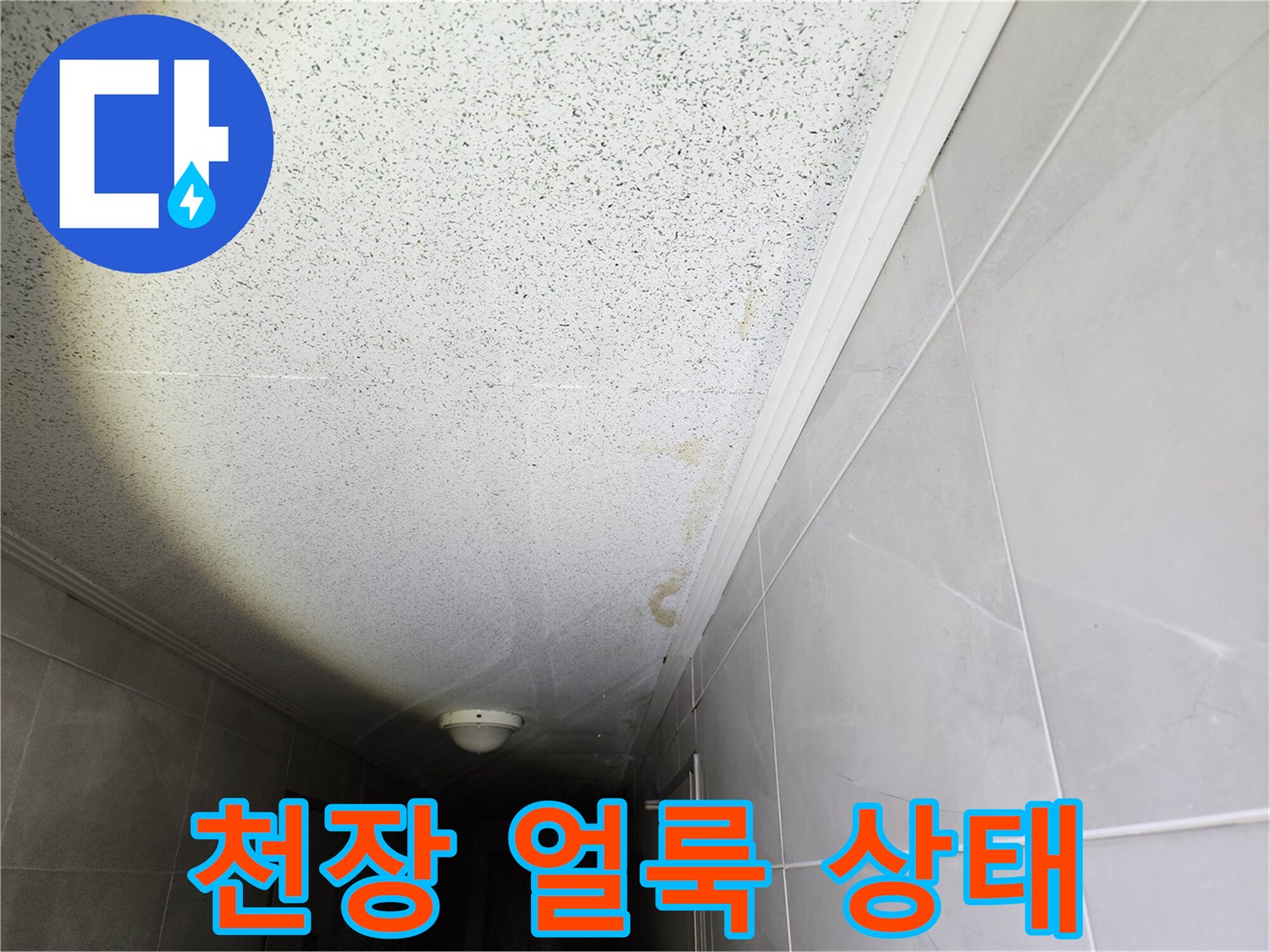 복도 천장 마감재에 발생한 습기 및 변색 부위