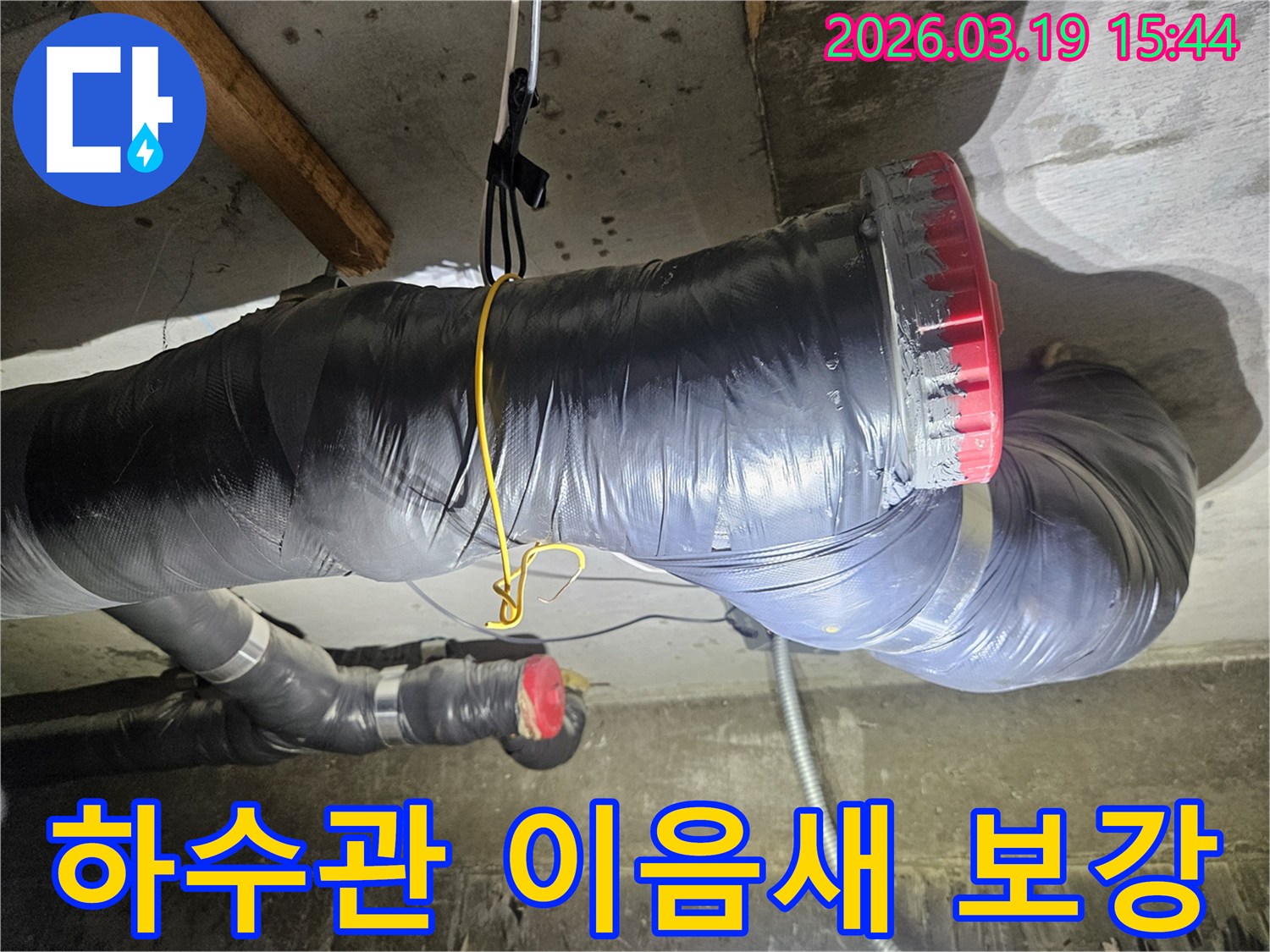 천장에 설치된 검은색 단열재로 감싸진 굵은 하수관과-그 옆으로 연결된 작은 회색 배관들이 보입니다