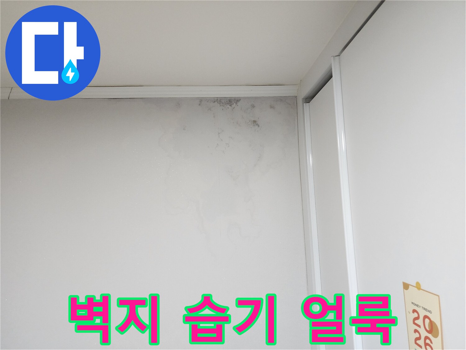 벽지 상단부-물기가 스며들어 변색된 곰팡이 부위