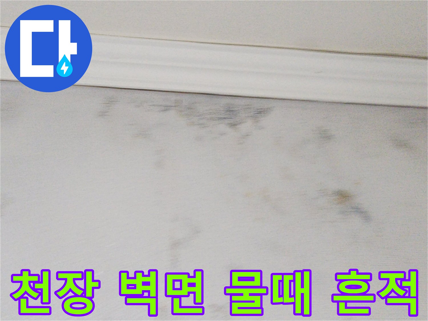 화장실 천장과 벽면 경계에 발생한 젖은 얼룩