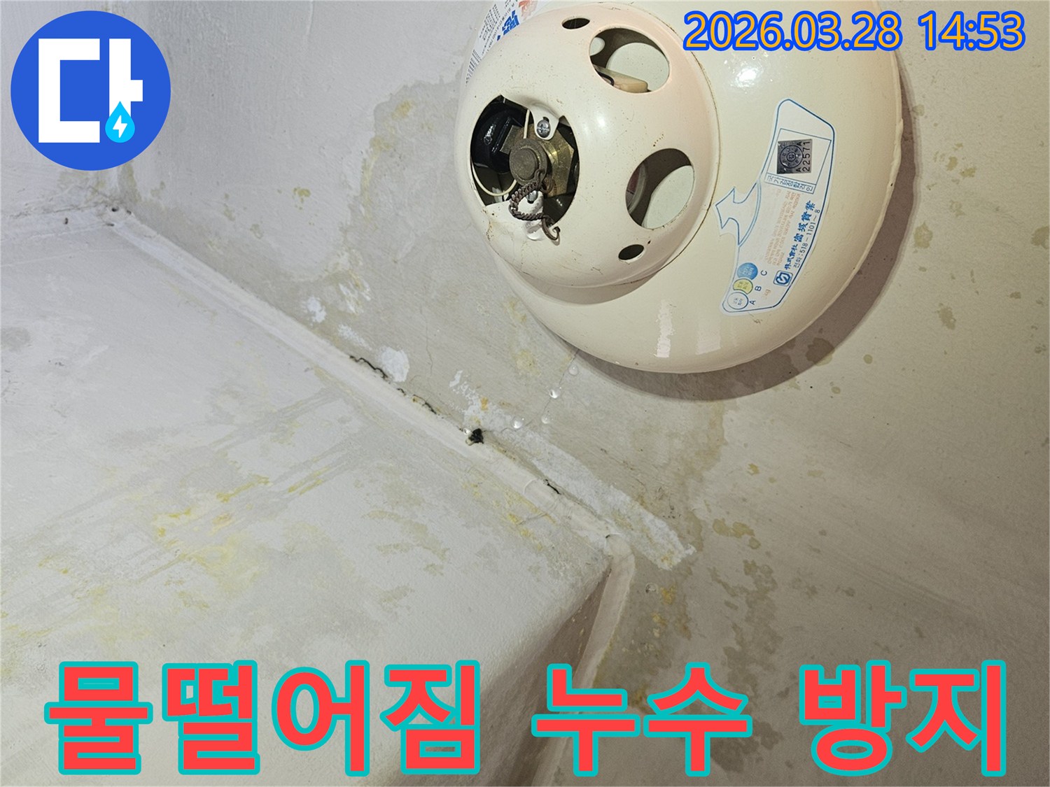 천장-온수기-아래에서-물이-새어-나와-천장과-벽면에-심한-물자국과-곰팡이를-유발한-누수-현장으로-물떨어짐-방지-대책이-시급함