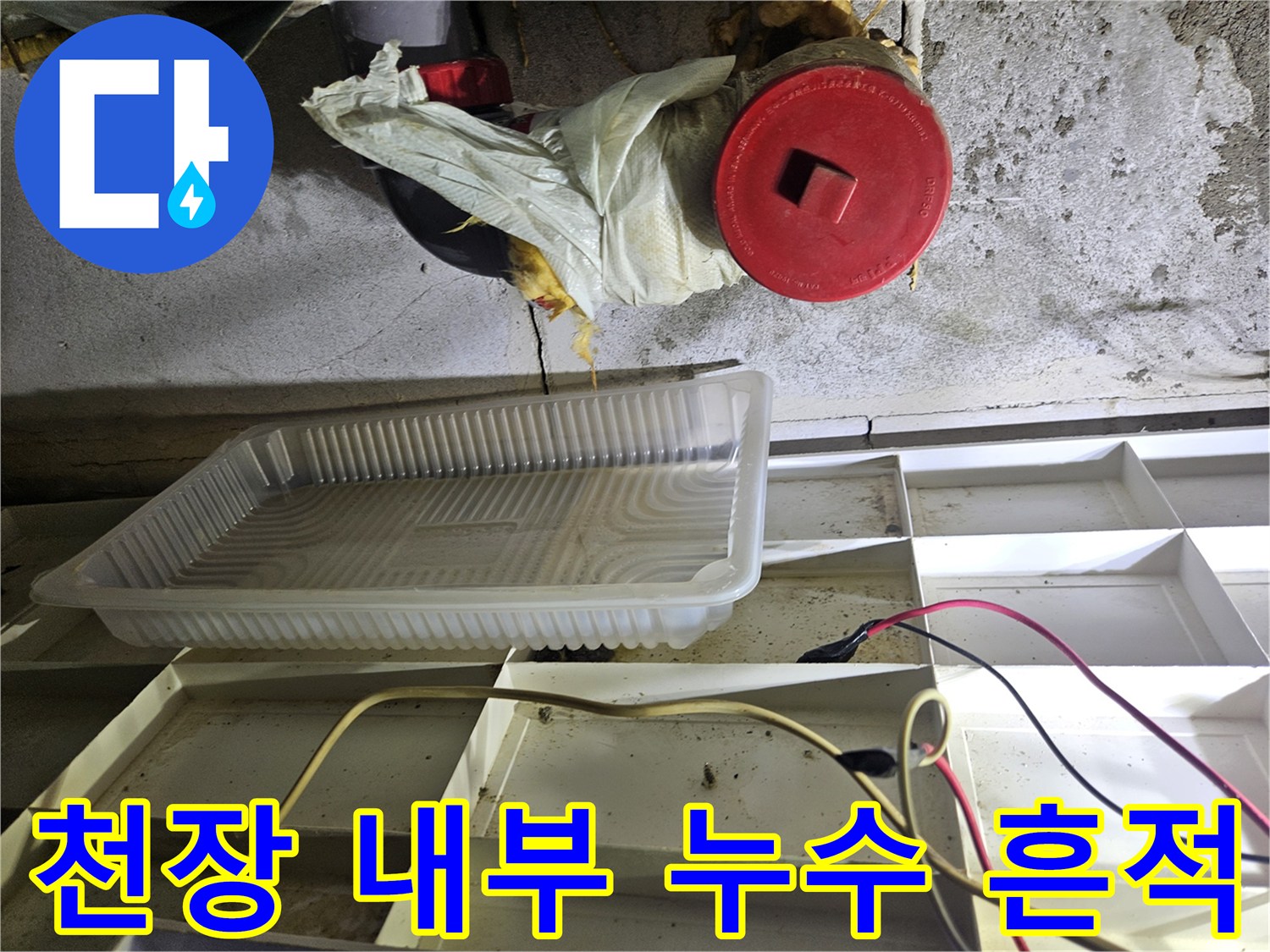 습기가 찬-천장 슬래브와 붉은색 배관 부속품의 모습
