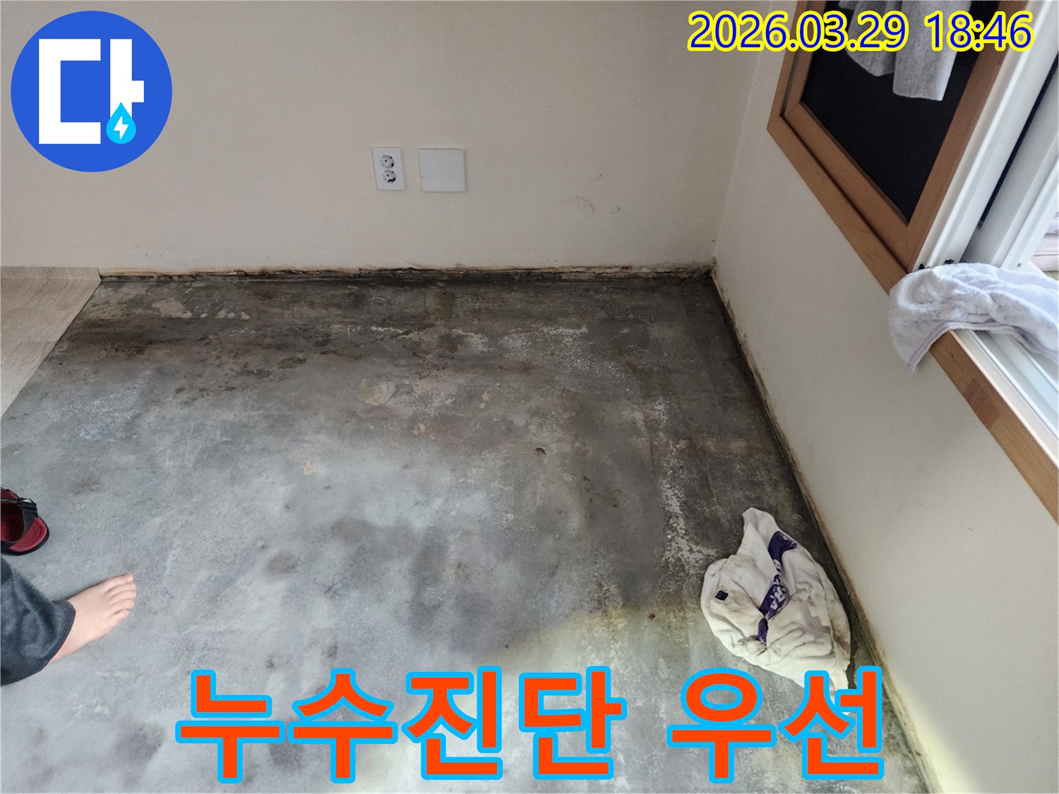 이 이미지는-남양주 오남읍의 한 건물에서-바닥과 벽면 경계에-습기와 곰팡이가 발생한-누수 현장을-보여주며-정확한 누수 진단의-중요성을 강조합니다