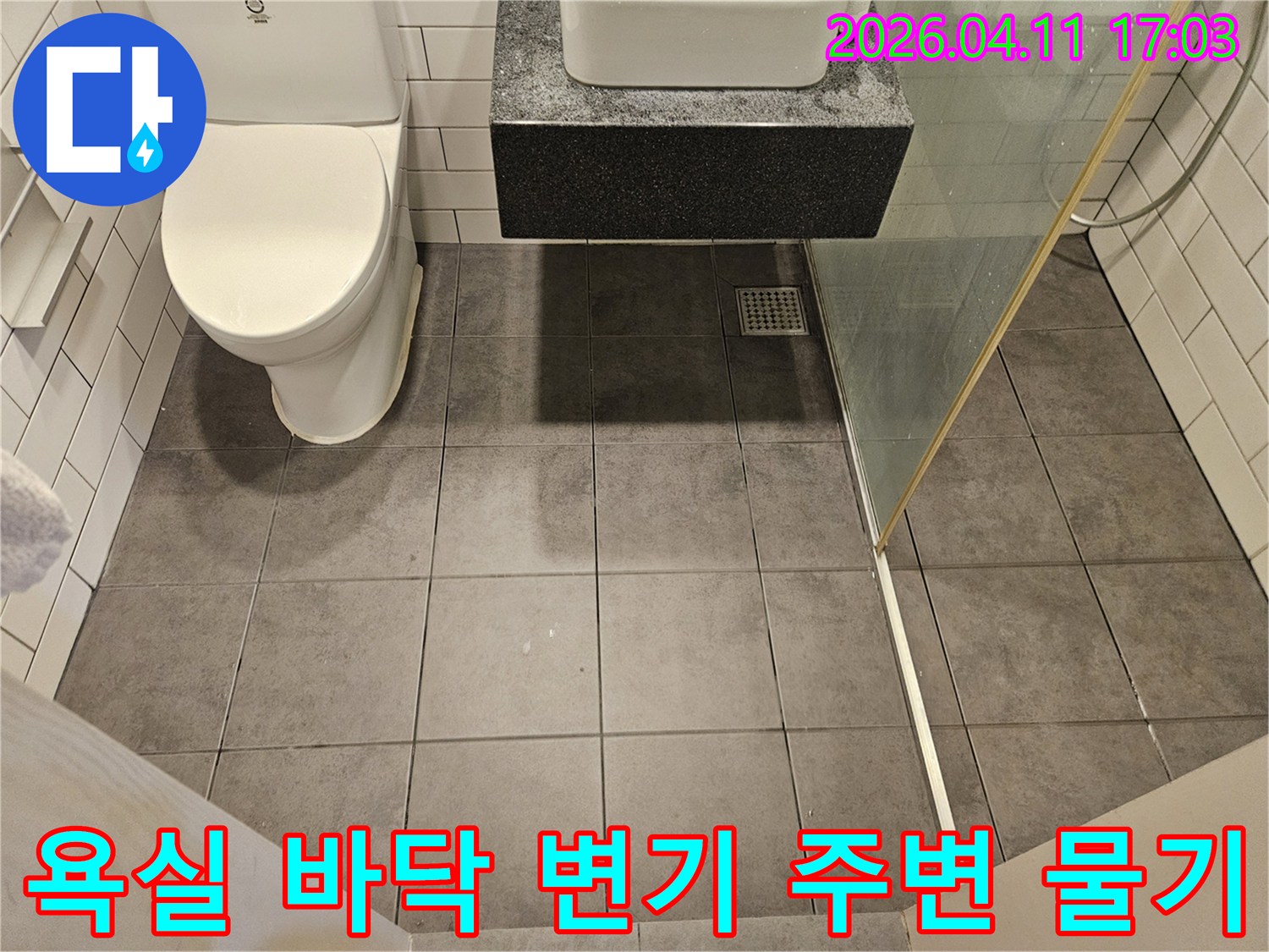 이 사진은 목동의 한 아파트 욕실 바닥 타일-특히 변기 하부와 배수구 근처에 나타난 습기와 오염 흔적을 상세히 보여주고 있습니다