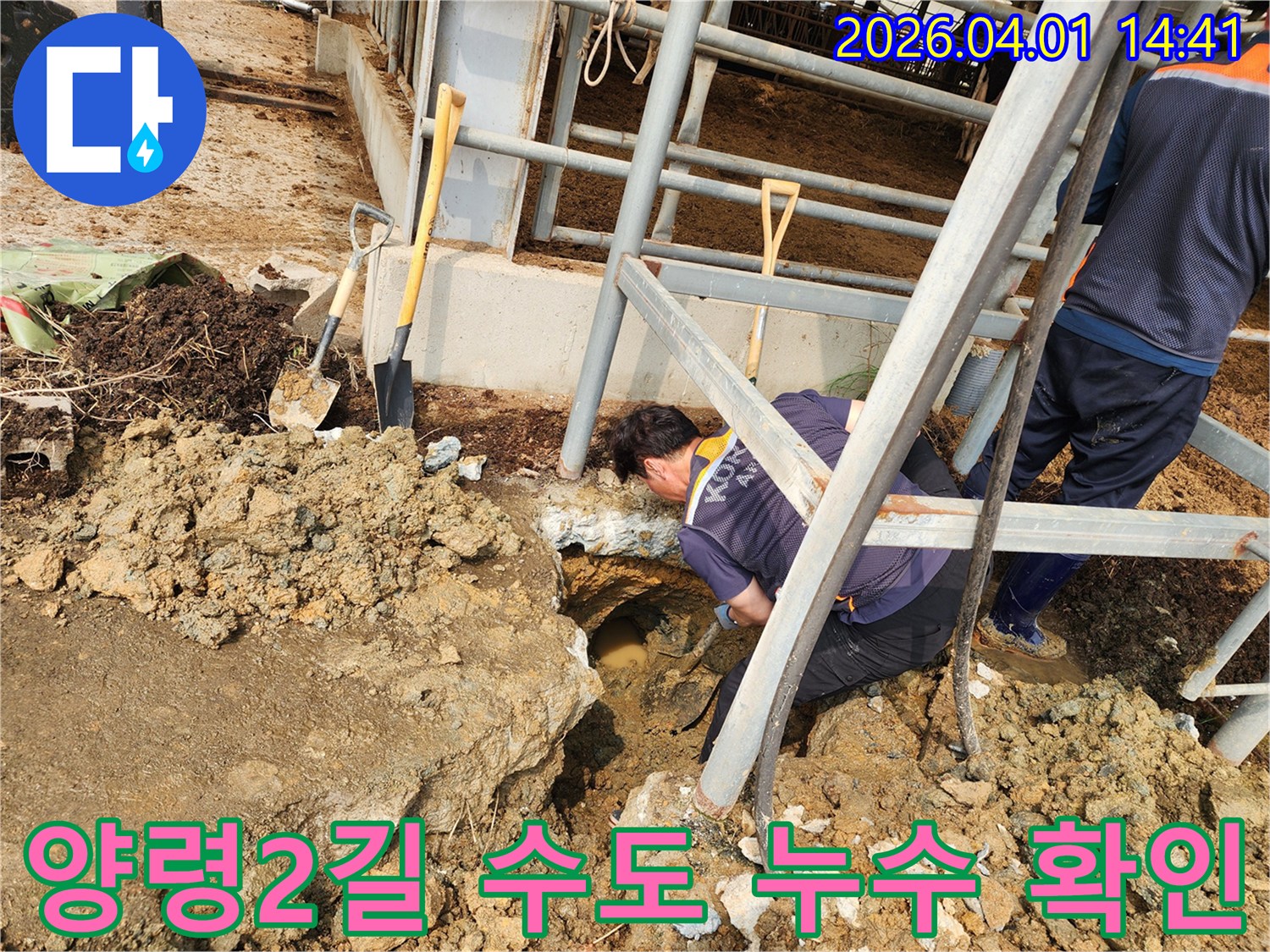 성환읍 양령2길에서-수도 누수를 해결하기 위해-엔지니어가 직접 땅을 파고-문제의 배관을 확인하는-작업 현장입니다.