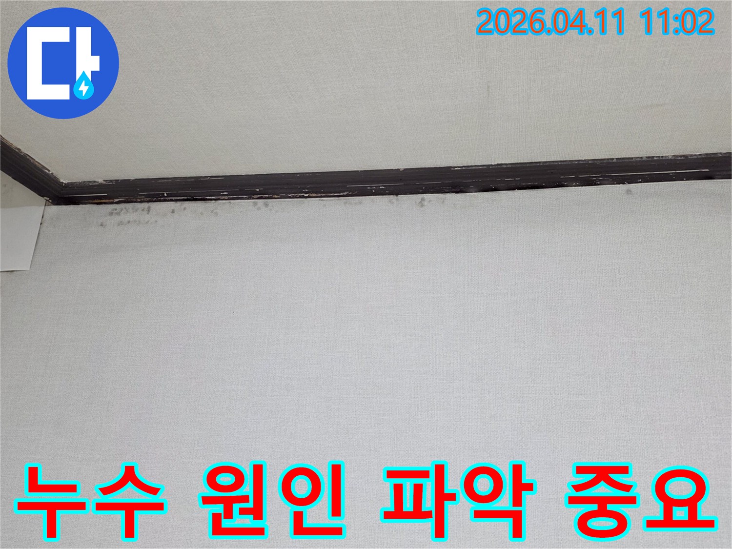 천장과-벽면-경계에-나타난-물자국과-곰팡이-흔적을-보여주는-누수-현장-사진입니다