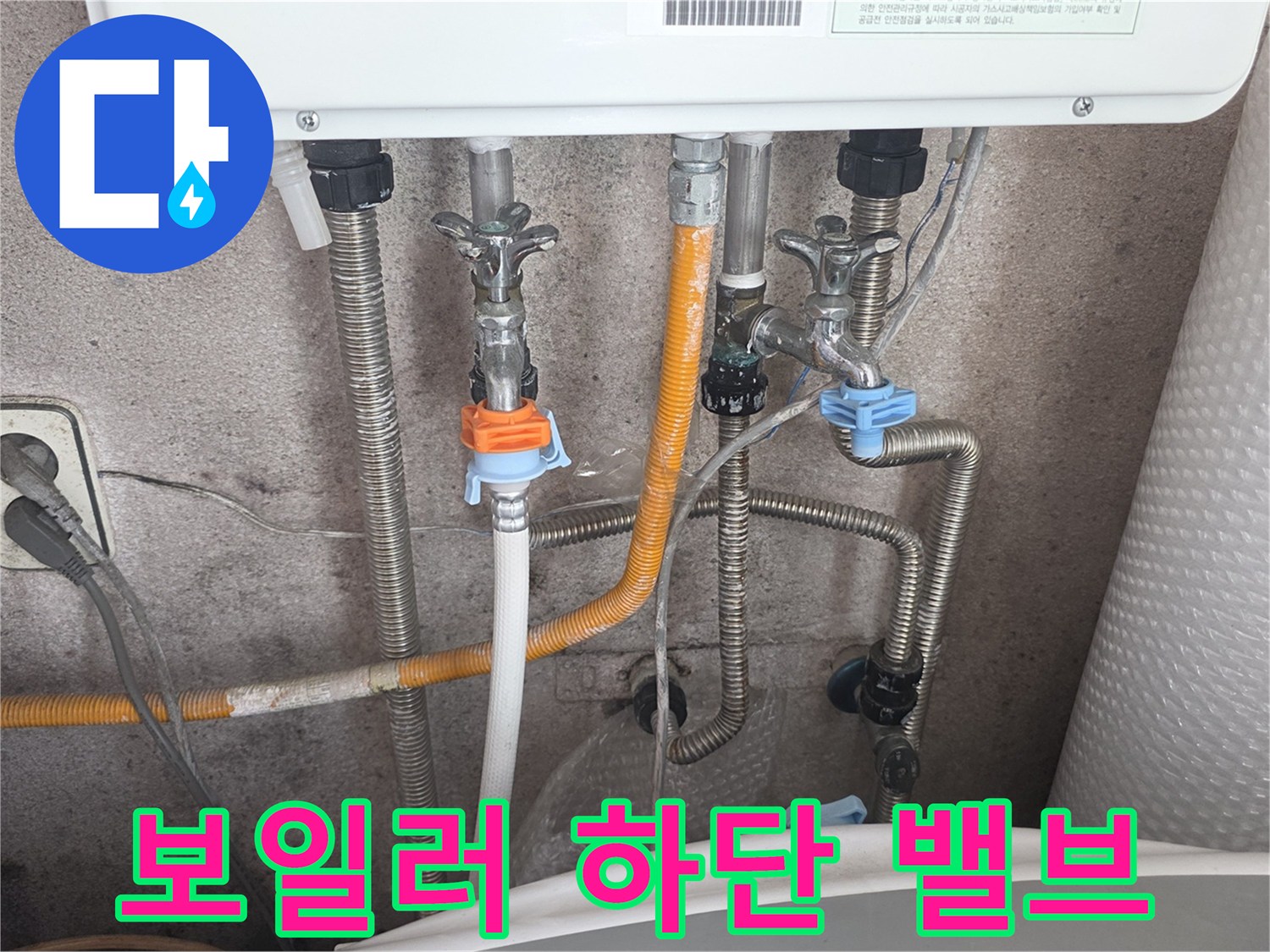 보일러 아래쪽의 은색 밸브와 연결된 호스 모습