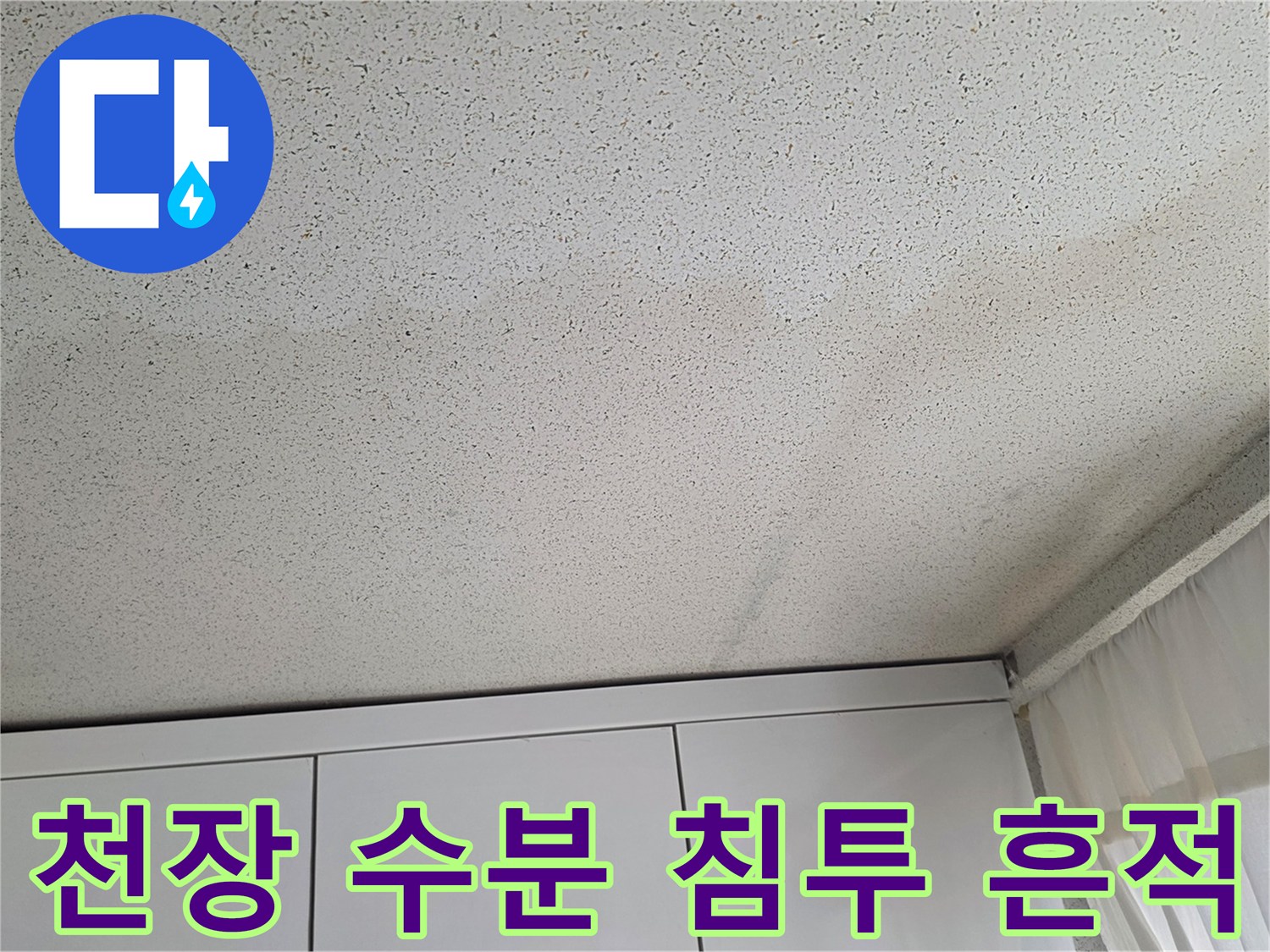 실내 천장 - 넓게 번진 듯한 젖은 얼룩과 변색된 부위