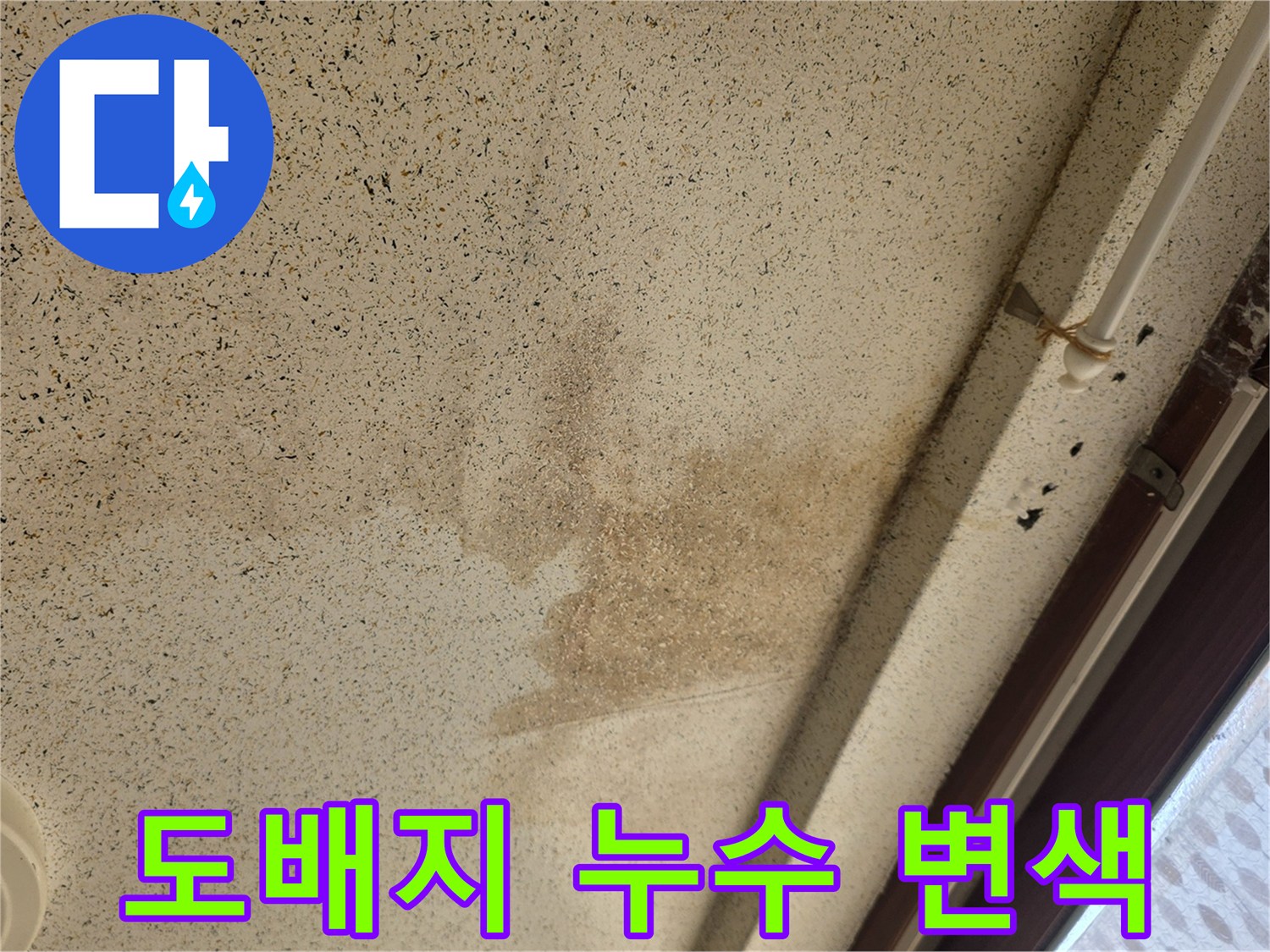 천장 도배면의 갈색 변색 부위와 습기로 인한 훼손 상태