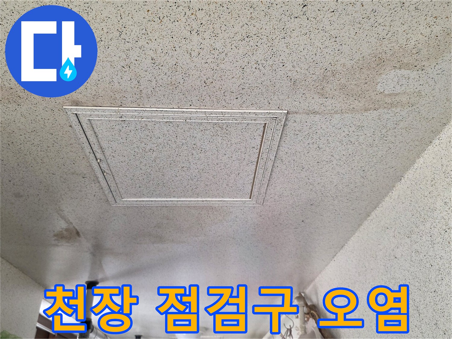 천장 점검구 테두리를 따라 번져 있는 누수 흔적과 습기 오염
