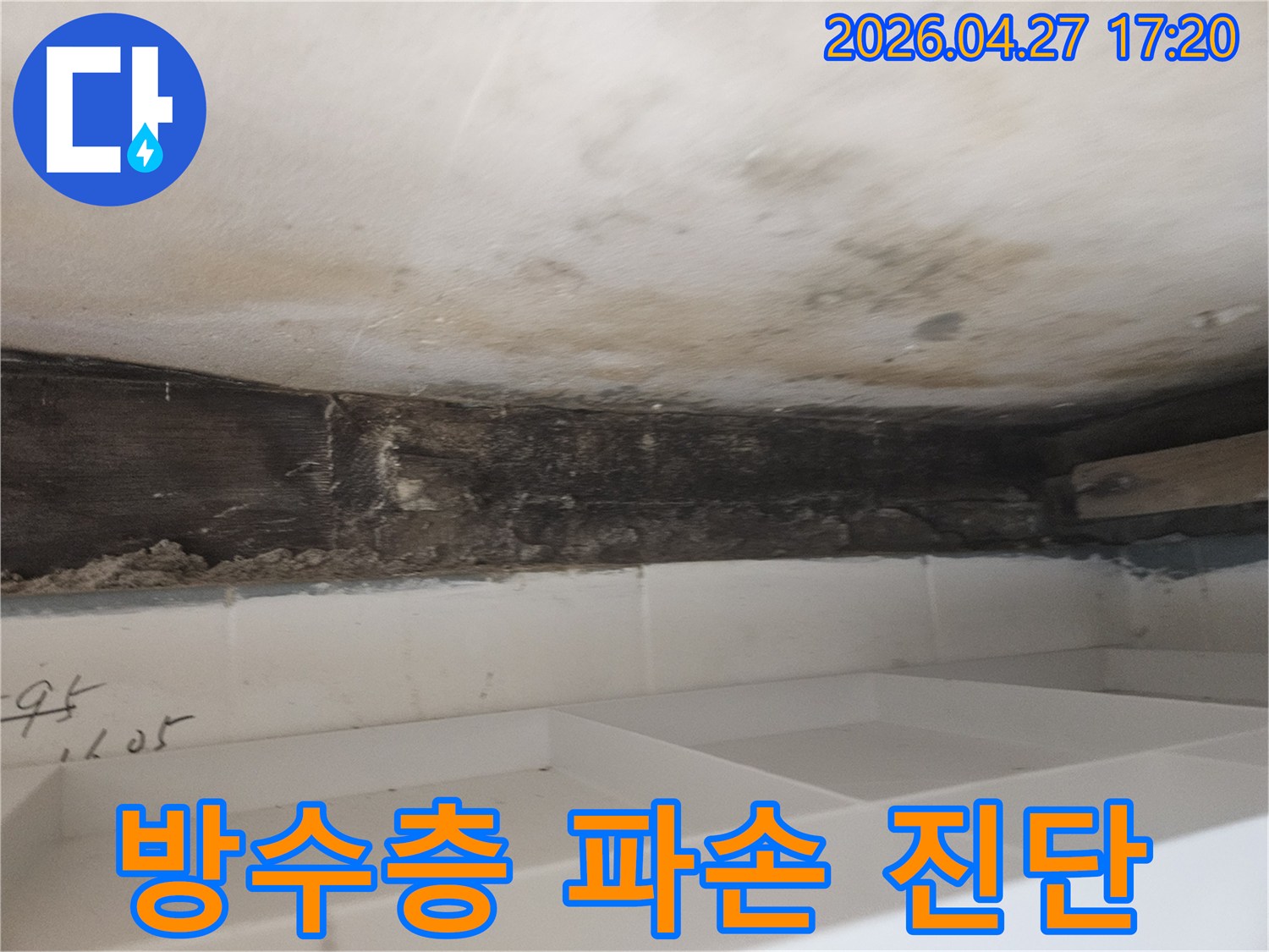누수로 인해-욕실 천장-벽면에-발생한-곰팡이와-오염된-목재 구조물을-통해-방수층-파손-여부를-진단하는-과정
