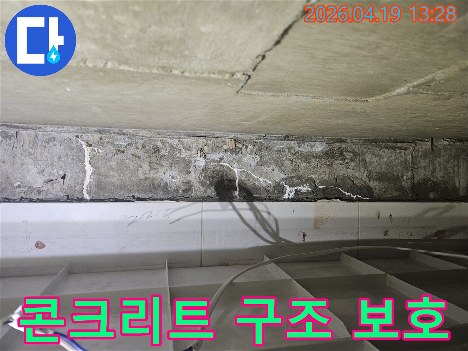 누수로 인해 손상된 콘크리트 천장과-백화 현상-구조물 보호를 위한 긴급 공사 필요