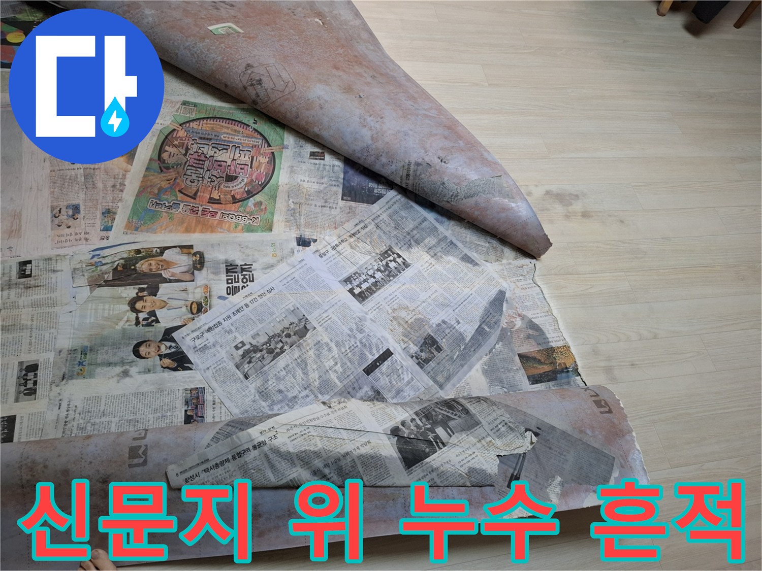 신문지 위에 덮인 누수 현장 사진