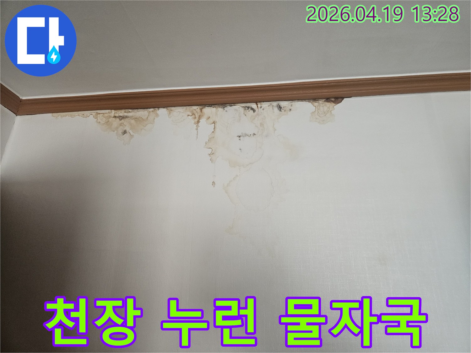 천장과 벽 경계에 누수로 인해 발생한 누런 물자국과-심한 변색을 보여주는 사진입니다.