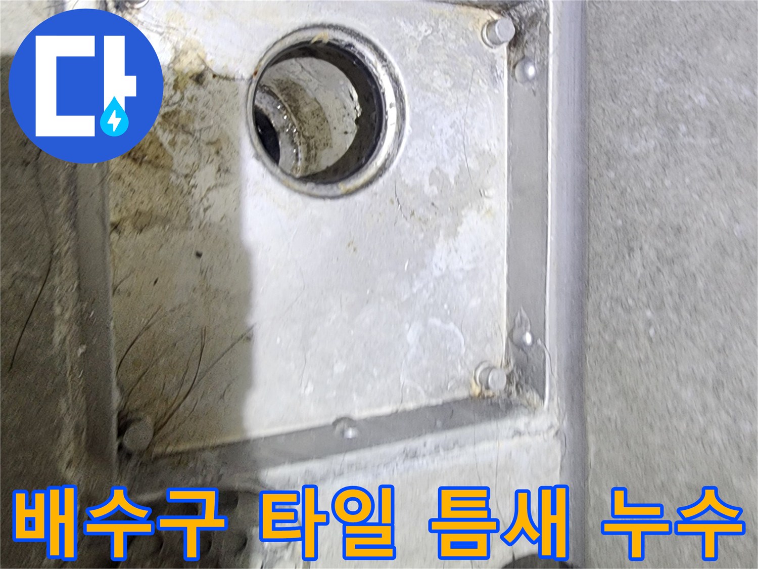욕실 배수구와-주변 타일 사이의-틈새에 발생한-오염과 물때를 통해-누수 원인을-면밀히 점검하는 사진입니다