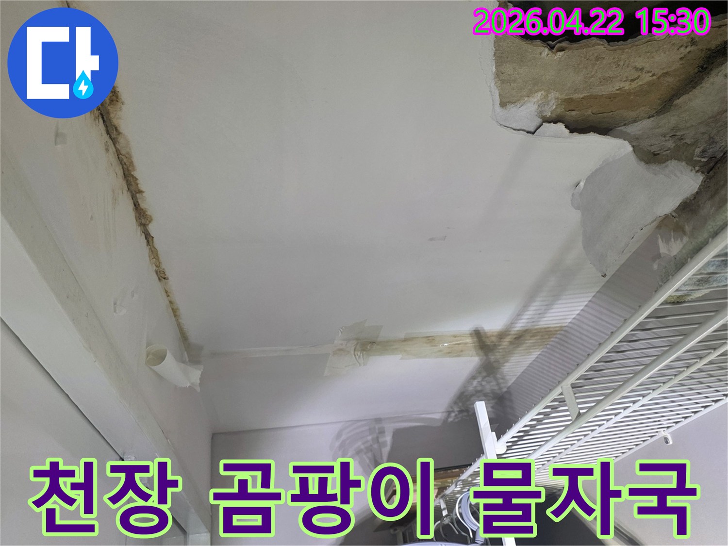 천장 누수로 인해 물자국과-곰팡이가-심하게-발생하고-마감재가-손상된-현장-사진입니다