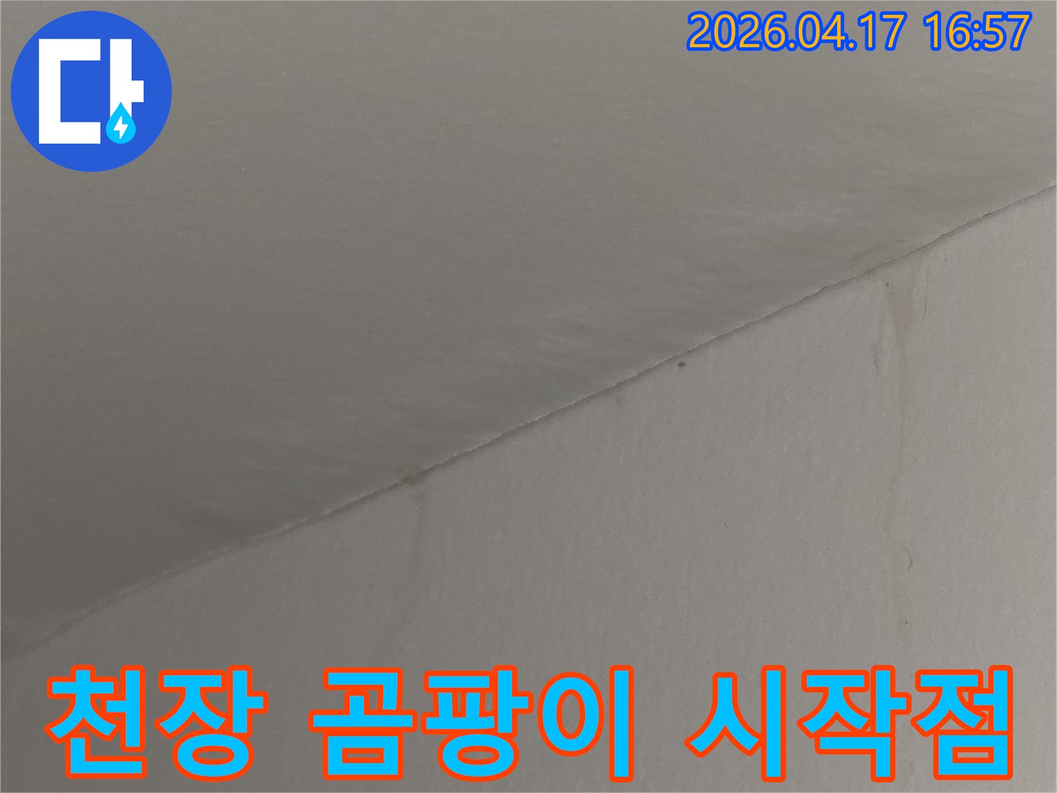 천장과 벽의 접합부에서-수분으로 인한 곰팡이와 물자국이 보이는 현장 사진입니다