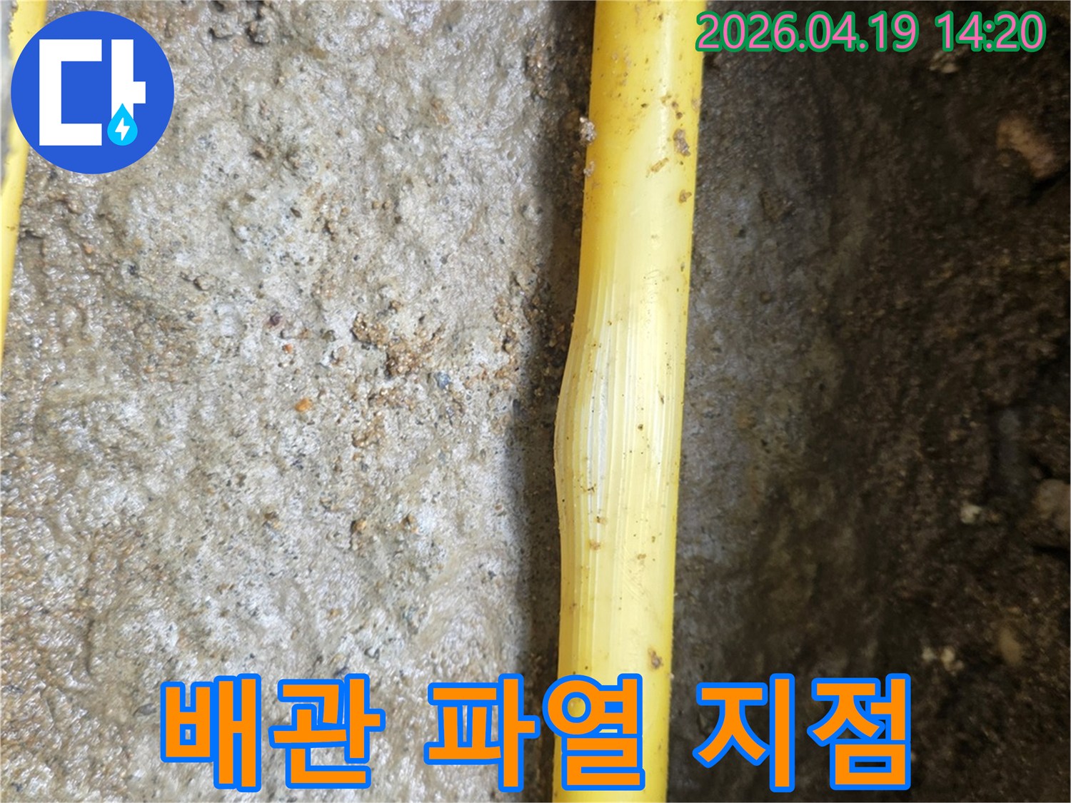 흙 속에 드러난 노란색 배관의 파열된 부위가-누수의 직접적인 증거로 확인되었습니다.