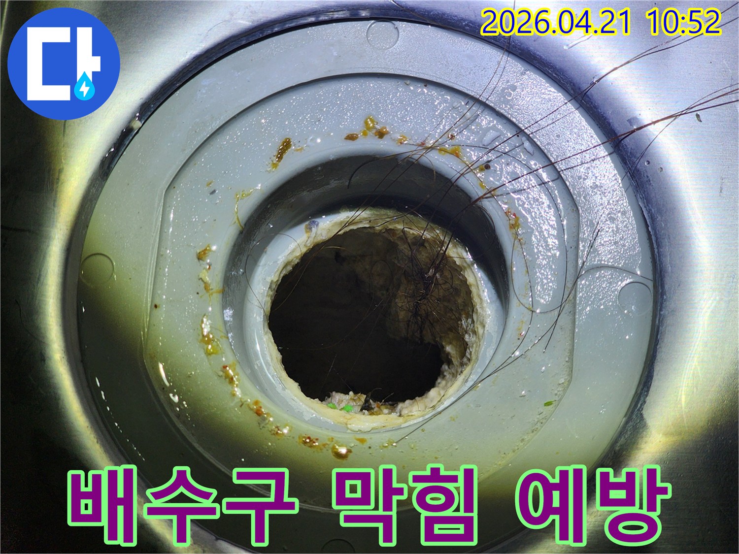 머리카락과 이물질로 심하게 막힌 배수구의 모습으로-아랫집 누수 발생 가능성을 보여줍니다
