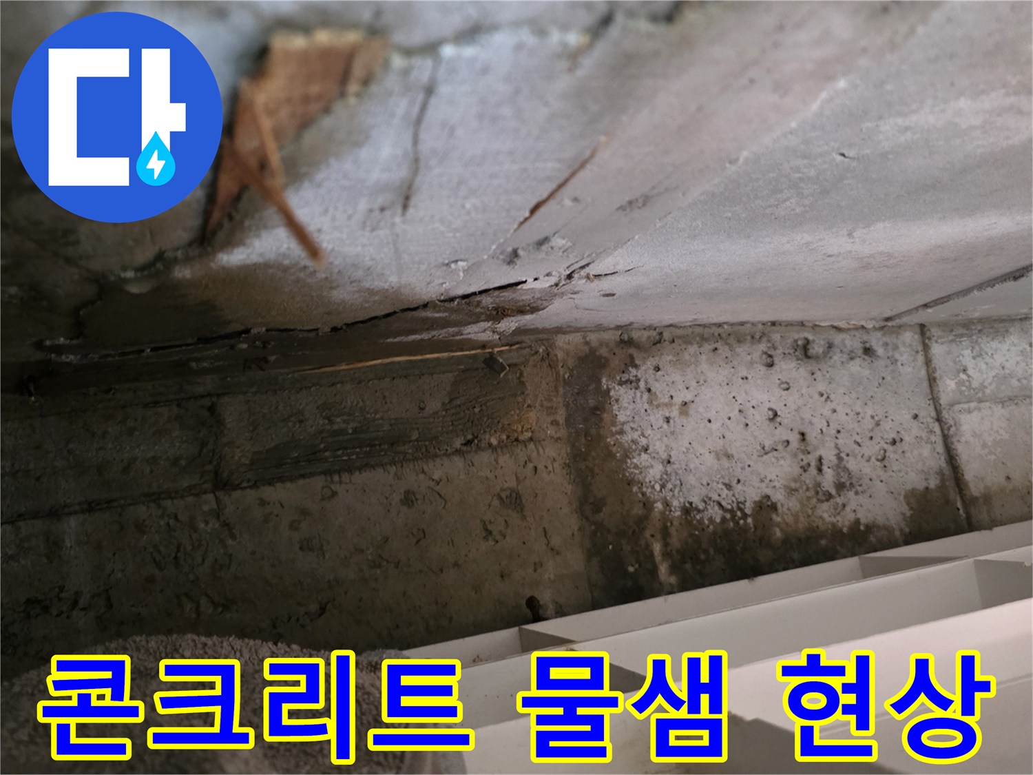 콘크리트 구조물에서-발생한 물샘 현상으로-주변에 습기가-확산되고 있는-누수 지점입니다