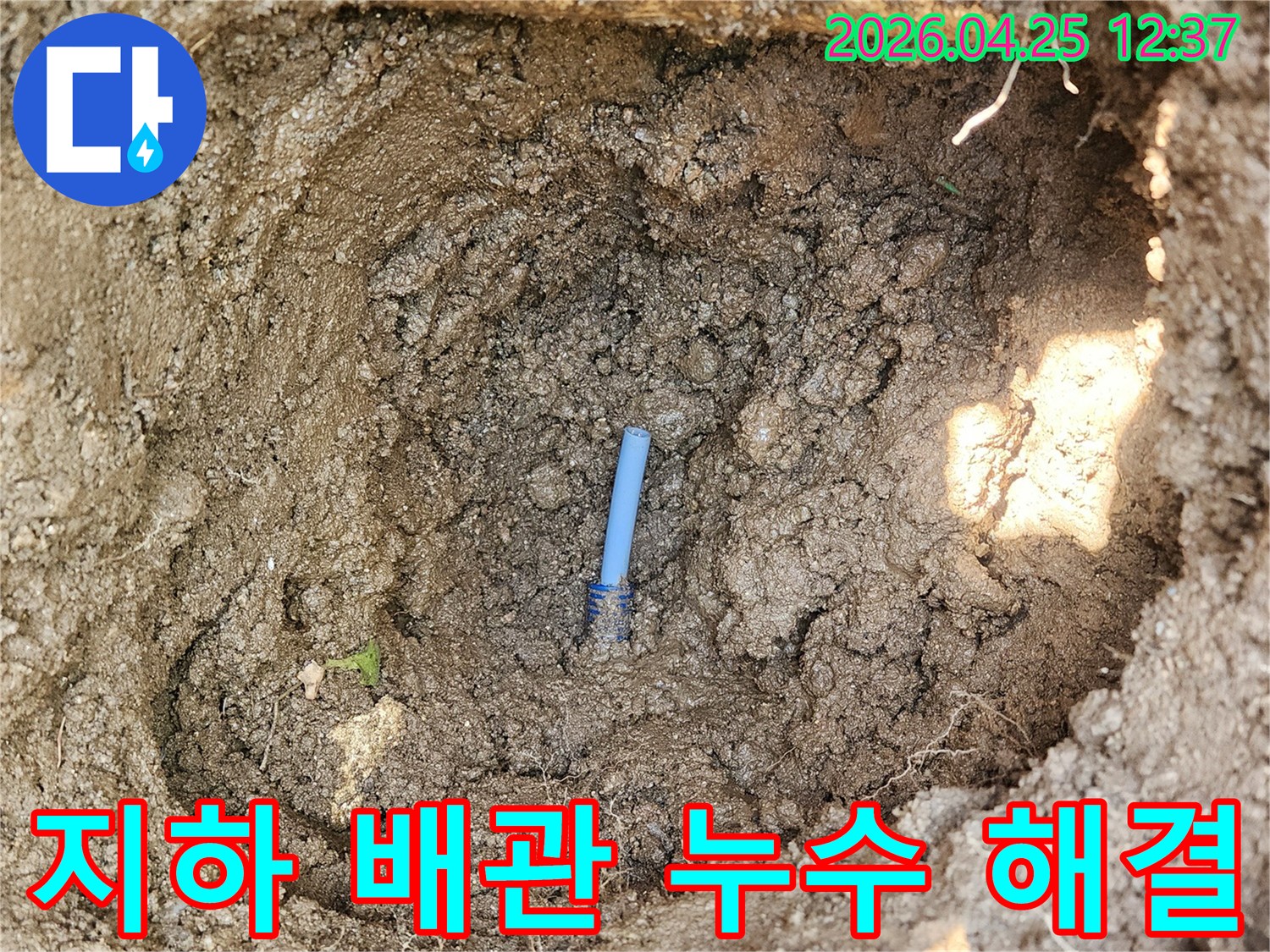 흙 속에 파묻힌-파란색 배관에서-물이 새는 지점을 찾아낸 현장 사진입니다.