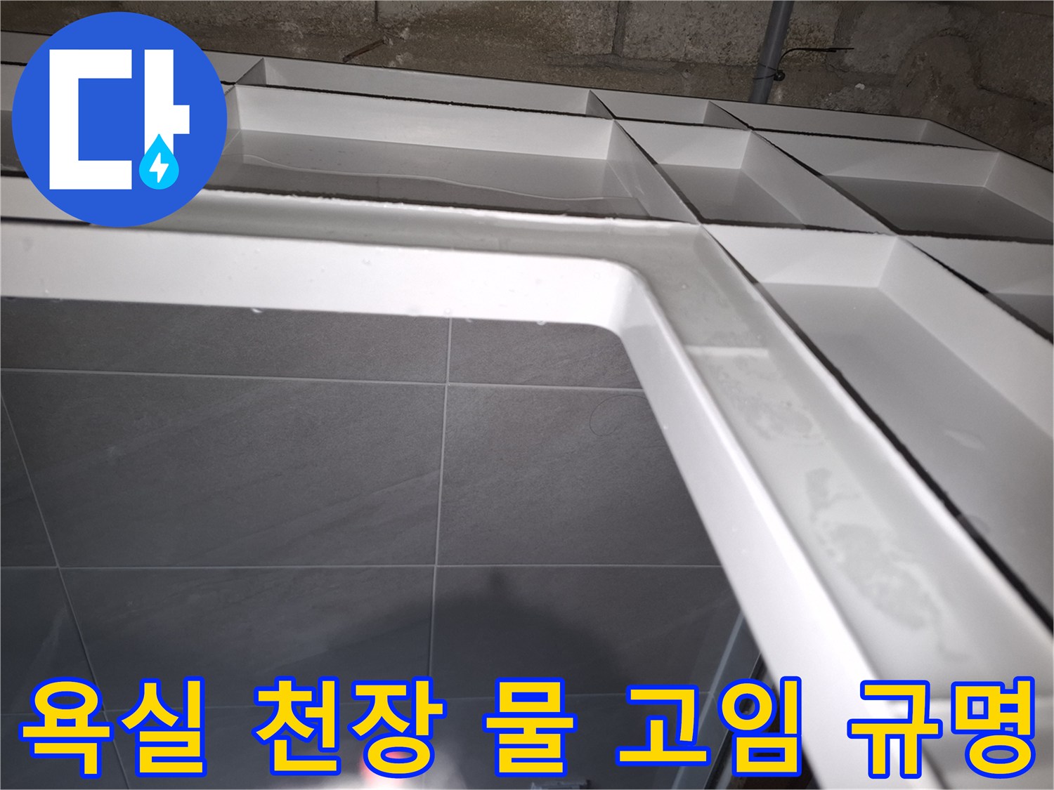 성남 분당 지역의-욕실 천장에서-누수로 인해-물이 고여있는 상태를-면밀히 조사하는 현장 사진