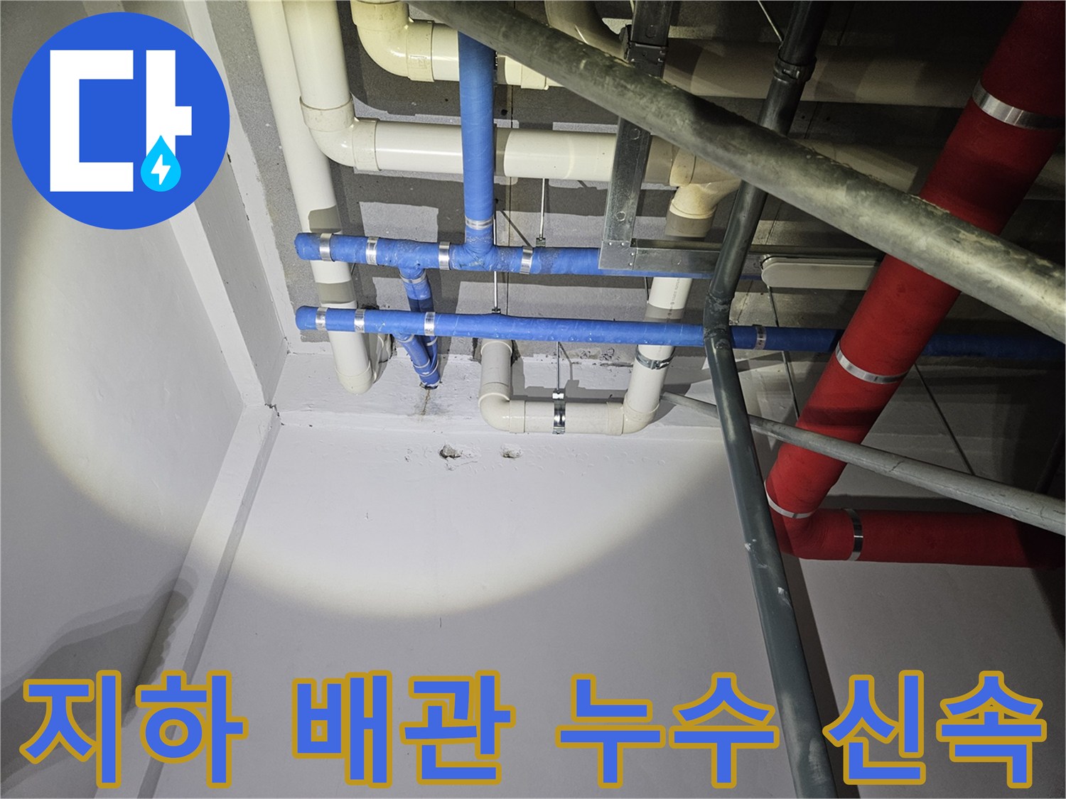 지하-천장의-복잡한-배관-시스템에서-누수-지점을-확인하고-신속하게-대응하는-모습