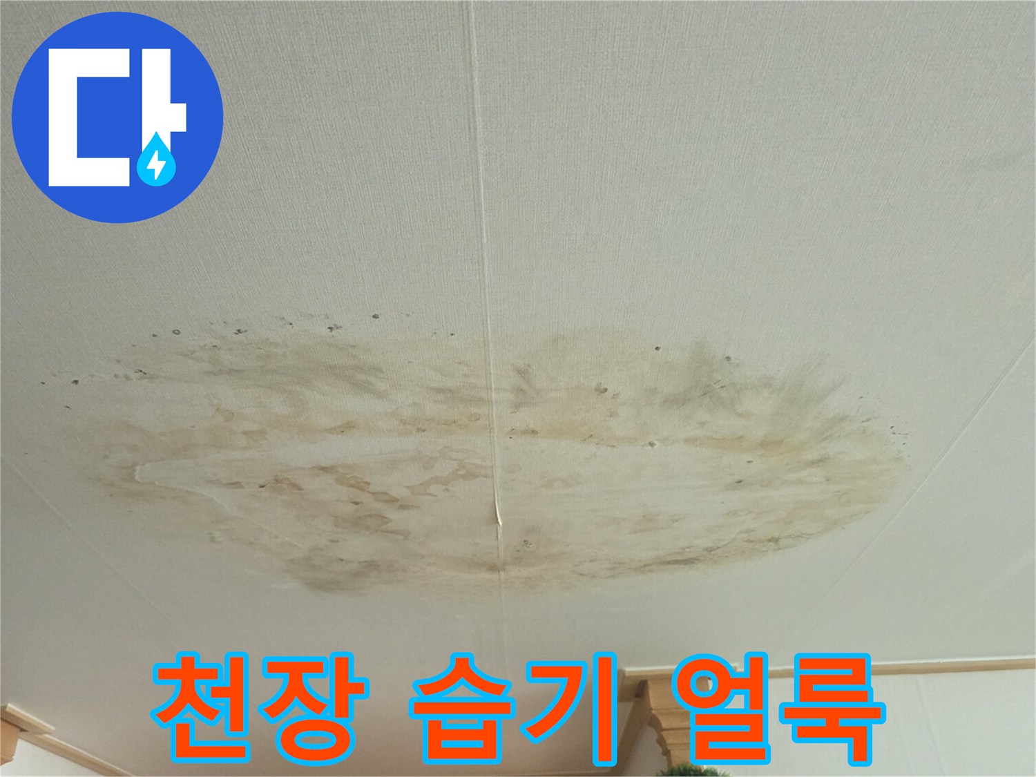 물샘 흔적이 남은 천장-벽지 변색과 습기 침투가 진행된 상태의 사진